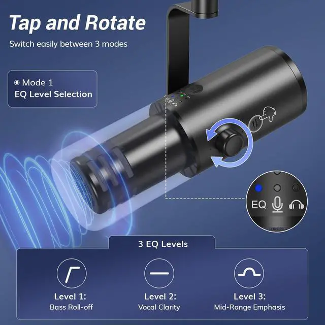 Alt view image 3 of 7 - Dynamic Podcast Microphone for Content Creators, Cardioid XLR/USB Mic, AI Noise Cancellation, Tap Mute, 3.5mm Jack for Monitoring, Volume Control, Microfono with Boom Arm, Black, TD510 AIR H+