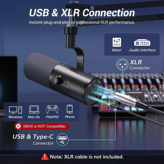 Alt view image 5 of 7 - Dynamic Podcast Microphone for Content Creators, Cardioid XLR/USB Mic, AI Noise Cancellation, Tap Mute, 3.5mm Jack for Monitoring, Volume Control, Microfono with Boom Arm, Black, TD510 AIR H+