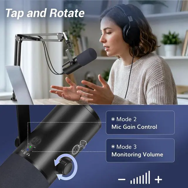 Alt view image 4 of 7 - Dynamic Podcast Microphone for Content Creators, Cardioid XLR/USB Mic, AI Noise Cancellation, Tap Mute, 3.5mm Jack for Monitoring, Volume Control, Microfono with Boom Arm, Black, TD510 AIR H+