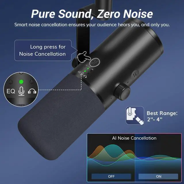 Alt view image 6 of 7 - Dynamic Podcast Microphone for Content Creators, Cardioid XLR/USB Mic, AI Noise Cancellation, Tap Mute, 3.5mm Jack for Monitoring, Volume Control, Microfono with Boom Arm, Black, TD510 AIR H+