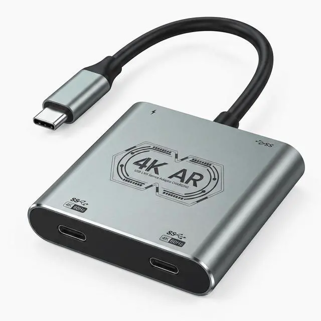 Main image of 4-in-1 Dual USB C Port Hub Adapter with Dual Display Output Support 2 Players 4K@60Hz Video Output, PD 100W Fast Charging, USB 3.0 5Gbps for S/witch2, AR Glasses, Laptops, Type C Portable Monitors