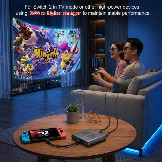 Alt view image 4 of 7 - 4-in-1 Dual USB C Port Hub Adapter with Dual Display Output Support 2 Players 4K@60Hz Video Output, PD 100W Fast Charging, USB 3.0 5Gbps for S/witch2, AR Glasses, Laptops, Type C Portable Monitors