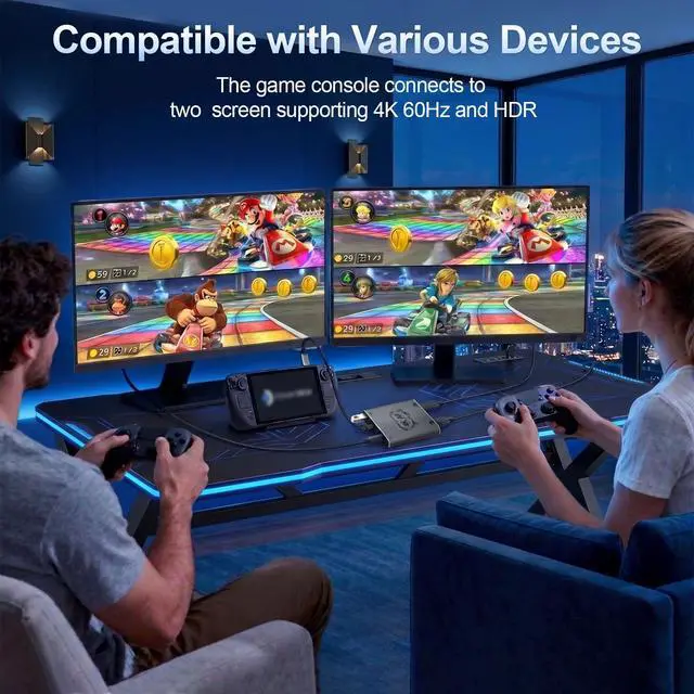 Alt view image 5 of 7 - 4-in-1 Dual USB C Port Hub Adapter with Dual Display Output Support 2 Players 4K@60Hz Video Output, PD 100W Fast Charging, USB 3.0 5Gbps for S/witch2, AR Glasses, Laptops, Type C Portable Monitors