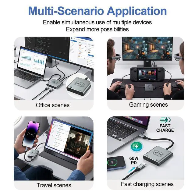 Alt view image 7 of 7 - 4-in-1 Dual USB C Port Hub Adapter with Dual Display Output Support 2 Players 4K@60Hz Video Output, PD 100W Fast Charging, USB 3.0 5Gbps for S/witch2, AR Glasses, Laptops, Type C Portable Monitors