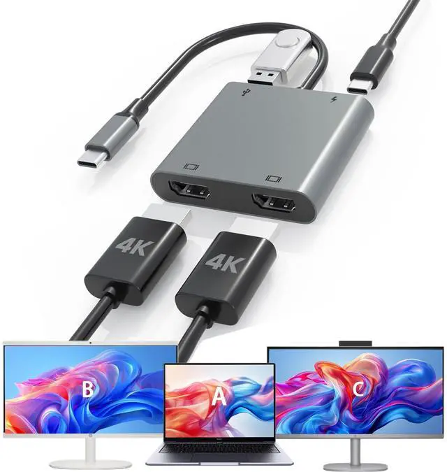 Main image of USB C to Dual HDTV Adapter, 4K@60Hz USB C Hub Multiport Adapter with 2xHDMI, USB 3.0, 100W PD, macOS Only Allows Mirror Mode, Windows Allows Multi-Monitor Display 3 Separate Screens