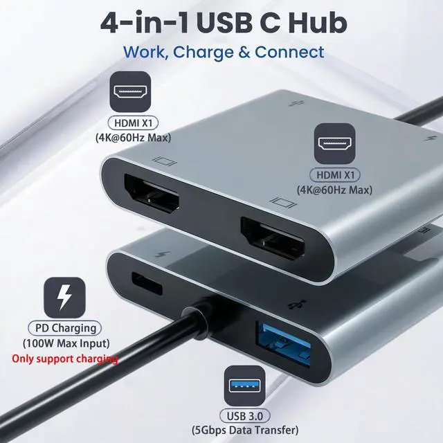 Alt view image 3 of 7 - USB C to Dual HDTV Adapter, 4K@60Hz USB C Hub Multiport Adapter with 2xHDMI, USB 3.0, 100W PD, macOS Only Allows Mirror Mode, Windows Allows Multi-Monitor Display 3 Separate Screens