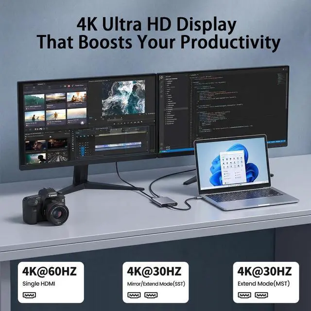 Alt view image 5 of 7 - USB C to Dual HDTV Adapter, 4K@60Hz USB C Hub Multiport Adapter with 2xHDMI, USB 3.0, 100W PD, macOS Only Allows Mirror Mode, Windows Allows Multi-Monitor Display 3 Separate Screens