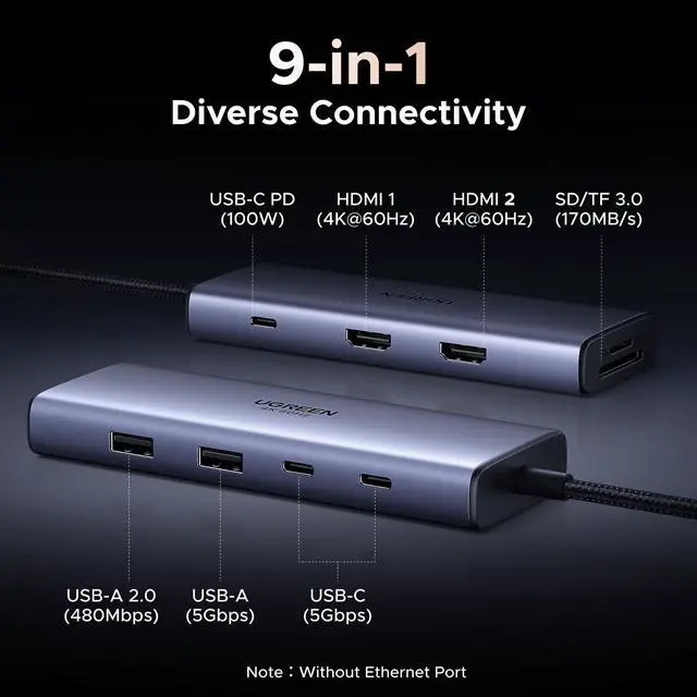 Alt view image 2 of 7 - USB C Docking Station Dual Monitor, 9-in-1 Aluminum Dock with 2xHDMI