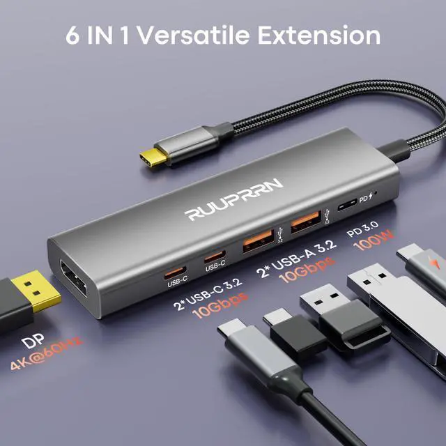 Alt view image 2 of 7 - 6 in 1 USB C Hub 10Gbps, USBC to DisplayPort Multiport Adapter Dongle Mac