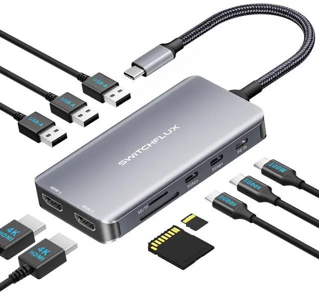 Main image of USB C Docking Station Dual Monitor, 10 in 1 USB C Hub with Dual HDMI, 100W PD, USB-A/C Data Ports, SD/TF Card Reader, Laptop Docking Station Compatible for Dell XPS HP Lenovo