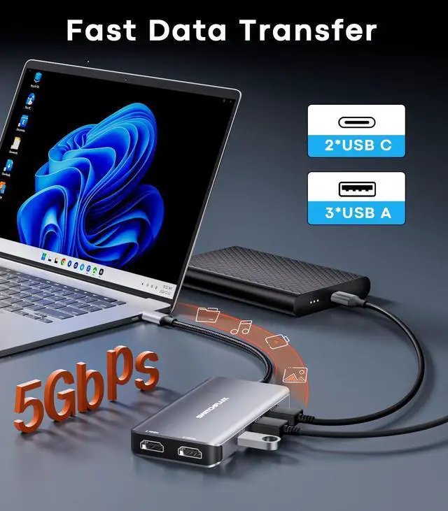 Alt view image 6 of 7 - USB C Docking Station Dual Monitor, 10 in 1 USB C Hub with Dual HDMI, 100W PD, USB-A/C Data Ports, SD/TF Card Reader, Laptop Docking Station Compatible for Dell XPS HP Lenovo
