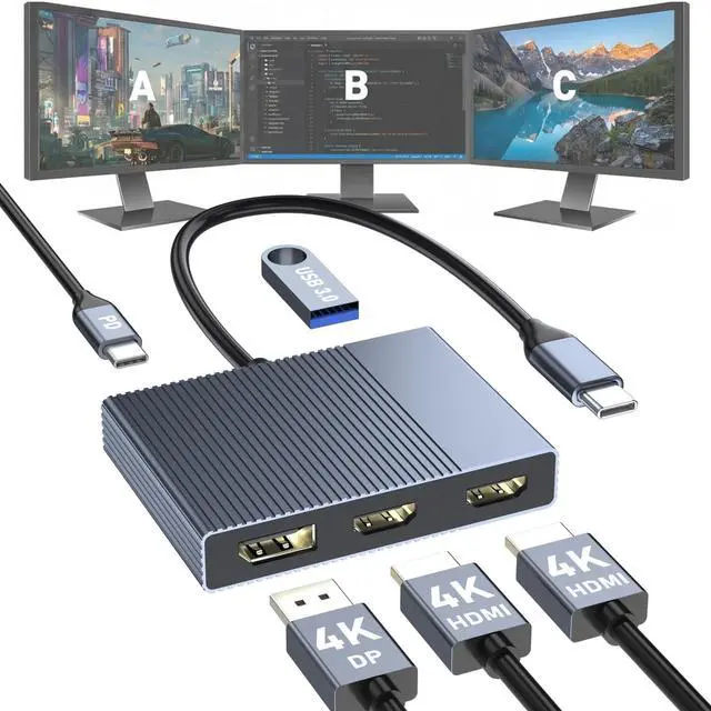 Main image of USB C to Dual HDMI and DisplayPort Adapter with PD 100W/USB3.0, 5 IN 1 USB C Docking Station 3 Monitors, 4K@60Hz HDMI Splitter Extended Display for Dell/HP Laptop, DP MST/SST Hub for Multiple Monitors