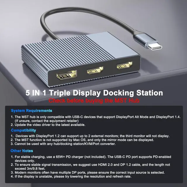 Alt view image 7 of 7 - USB C to Dual HDMI and DisplayPort Adapter with PD 100W/USB3.0, 5 IN 1 USB C Docking Station 3 Monitors, 4K@60Hz HDMI Splitter Extended Display for Dell/HP Laptop, DP MST/SST Hub for Multiple Monitors