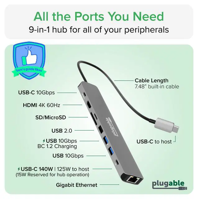 Alt view image 3 of 7 - USB C Hub Multiport Adapter: 9-in-1 with 140W PD Charging, 4K 60Hz HDMI, 10Gbps Data Transfer, Gigabit Ethernet, SD for USBC, USB4, Thunderbolt MacBook, Windows, Chromebook (USBC-9IN1E)