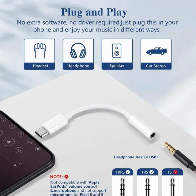 Alt view image 3 of 7 - USB-C to 3.5mm Audio Headphone Adapter: 2 Pack Type C Aux Dongle Cable Cord