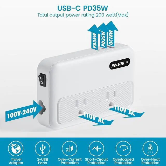 Alt view image 6 of 7 - 220v to 110v Converter with USB C 35w, 300W AC Peak Voltage Converter US to Europe, Universal Travel Adapter for Hair Straightener/Curling Iron with EU UK FR DE ES AU Travel Adapter
