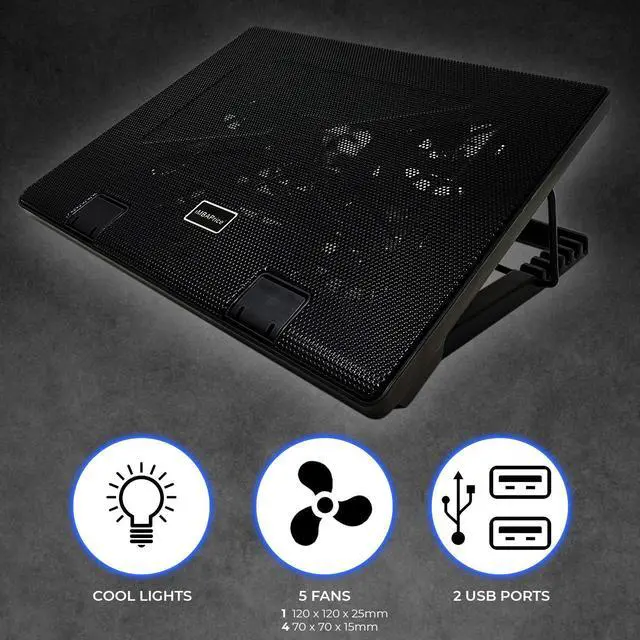 Alt view image 6 of 6 - Black Laptop Cooling Pad, Laptop Cooler with 5 Blue Quiet Fans for 12"-17" Notebook Computer PC Gaming Laptop Fan, Height Adjustable Laptop Cooling Stand Laptop Accessories, 1-Pack