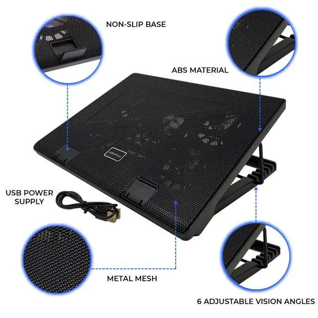 Alt view image 4 of 6 - Black Laptop Cooling Pad, Laptop Cooler with 5 Blue Quiet Fans for 12"-17" Notebook Computer PC Gaming Laptop Fan, Height Adjustable Laptop Cooling Stand Laptop Accessories, 1-Pack