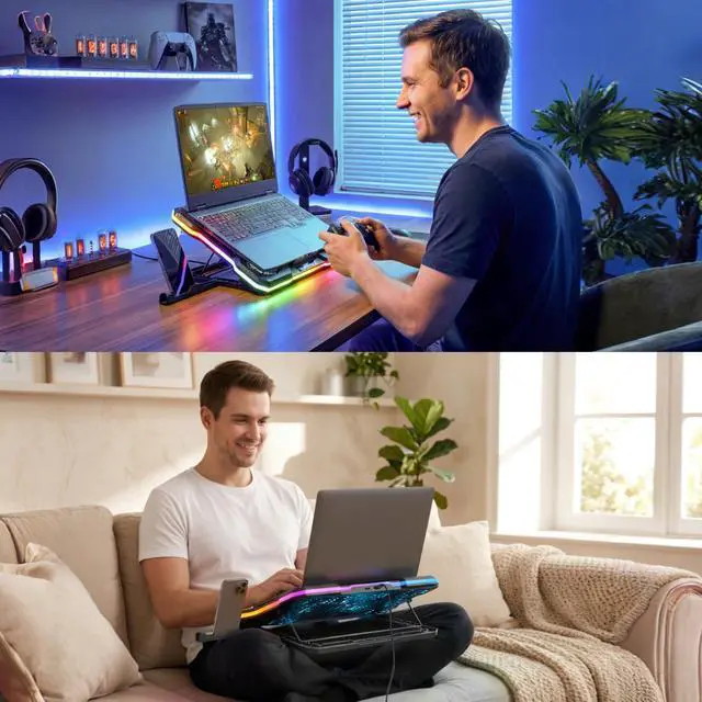 Alt view image 6 of 6 - Laptop Cooling Pad, Laptop Cooler with 9 Quiet Fans for 14-19 Inch Notebook Computer, Gaming Laptop Fan Cooling Stand with 6 Adjustable Speeds and 10 RGB Light Modes, 2 USB Ports & Phone Holder