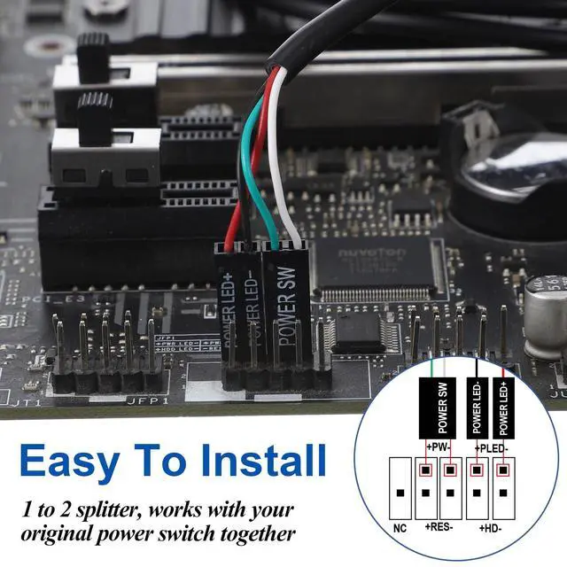 Alt view image 4 of 7 - PC Power Button External Desktop on Off Switch LED with 1.8m Cable PC Power Supply Button Splitter for ATX Motherboard Splitter Installation Black