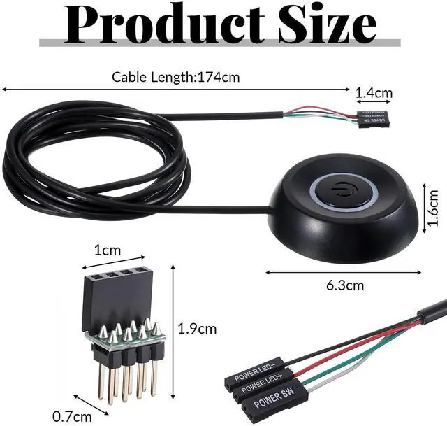 Alt view image 2 of 7 - PC Power Button, PC Power Switch Desktop Computer External ON/Off LED Indicator Powers Supply Button SW Extension with Adhesive Mount for Computer Motherboard (Black)