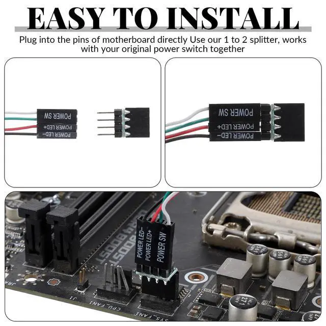 Alt view image 3 of 7 - PC Power Button, PC Power Switch Desktop Computer External ON/Off LED Indicator Powers Supply Button SW Extension with Adhesive Mount for Computer Motherboard (Black)
