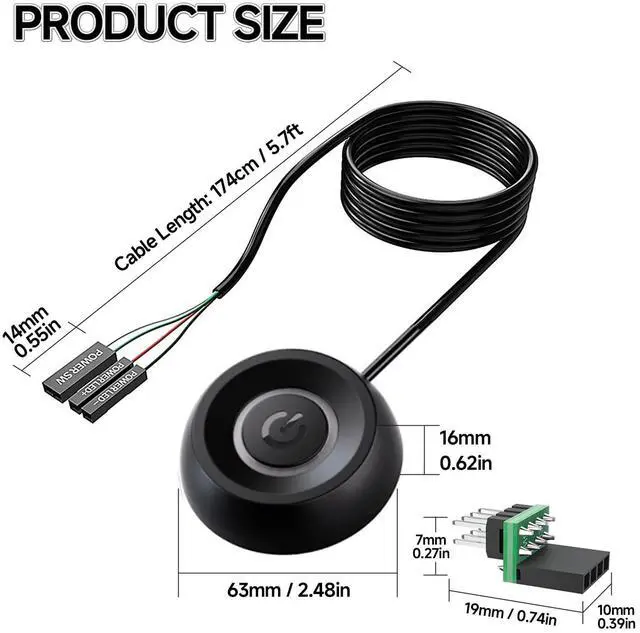 Alt view image 6 of 7 - PC Power Button, Remote Desktop Computer Switch Extension ON/Off Switch LED Indicator External Power Button for pc with 5.9FT Cables