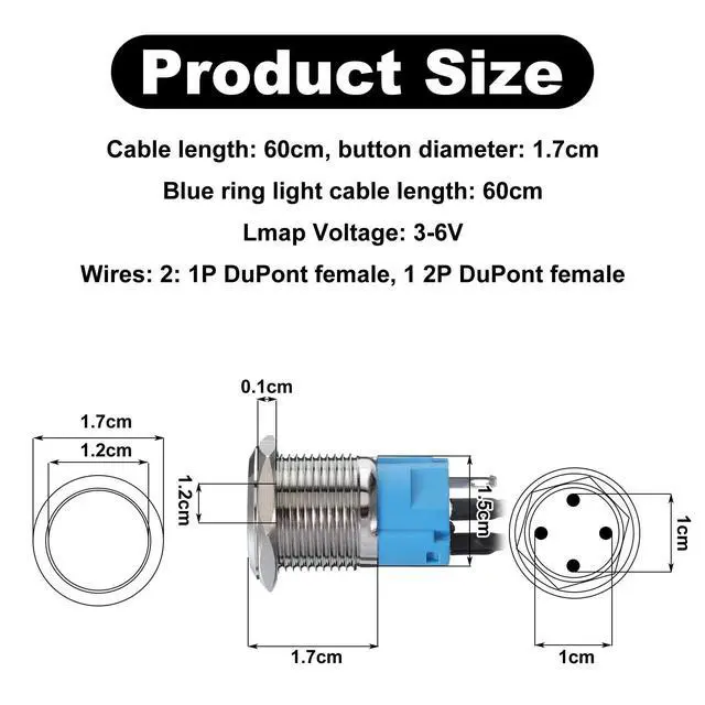 Alt view image 2 of 7 - 16mm Chassis Switch Metal Button PC Power Button Computer Host Switch Cable LED Power Buttons for ATX Supply On/Off, 60cm