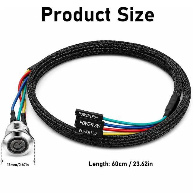 Alt view image 2 of 7 - PC Power Button, 12mm Metal PC Case LED Power Buttons Cable