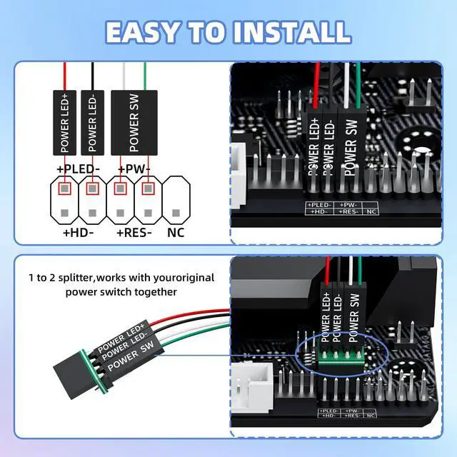 Alt view image 4 of 7 - PC Power Button with 118" Cable - Desktop Computer Power Switch, External ON/Off Switch LED, PC Power Supply Button Splitter for Computer Motherboard (Black 118'')