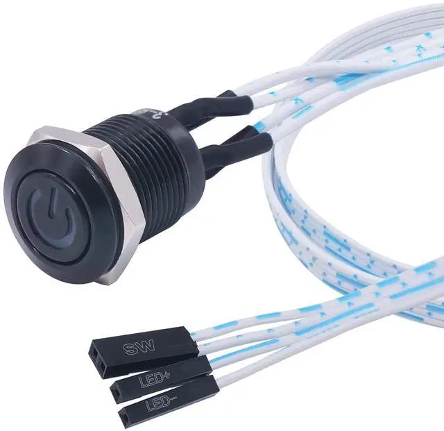 Main image of 12mm Momentary Push Button Switch Metal Chassis Switch Waterproof 6V Blue Ring LED Power Symbol Light ON/Off Switch with Wire for 12mm 1/2" Mounting Hole M-12-POWER-BK-BU-X