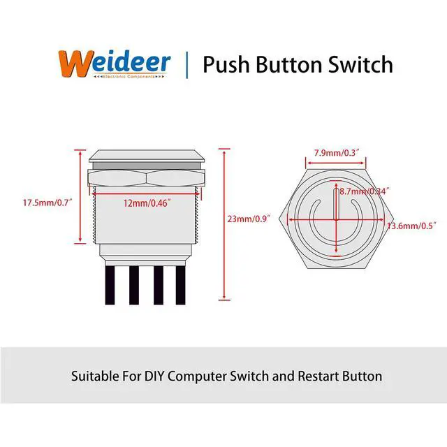Alt view image 3 of 7 - 12mm Momentary Push Button Switch Metal Chassis Switch Waterproof 6V Blue Ring LED Power Symbol Light ON/Off Switch with Wire for 12mm 1/2" Mounting Hole M-12-POWER-BK-BU-X