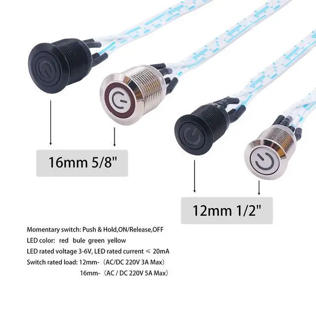 Alt view image 4 of 7 - 12mm Momentary Push Button Switch Metal Chassis Switch Waterproof 6V Blue Ring LED Power Symbol Light ON/Off Switch with Wire for 12mm 1/2" Mounting Hole M-12-POWER-BK-BU-X