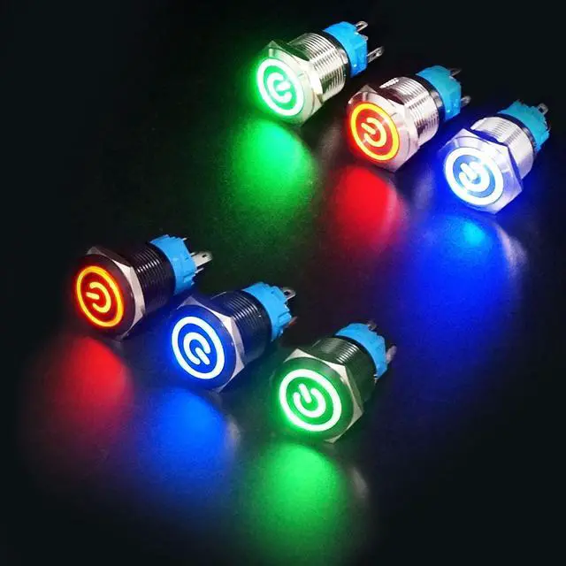 Alt view image 6 of 7 - 12mm Momentary Push Button Switch Metal Chassis Switch Waterproof 6V Blue Ring LED Power Symbol Light ON/Off Switch with Wire for 12mm 1/2" Mounting Hole M-12-POWER-BK-BU-X