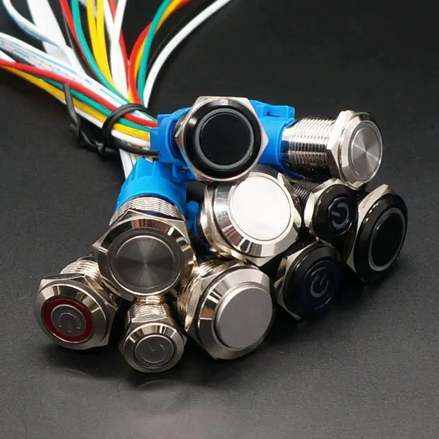 Alt view image 7 of 7 - 12mm Momentary Push Button Switch Metal Chassis Switch Waterproof 6V Blue Ring LED Power Symbol Light ON/Off Switch with Wire for 12mm 1/2" Mounting Hole M-12-POWER-BK-BU-X