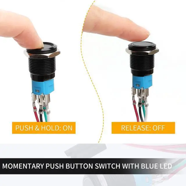 Alt view image 4 of 7 - 16mm Computer Case DIY Boot Reset Button, Metal Momentary Switch, Blue LED Light, 16mm 5/8" Mounting Hole with Heat Shrinkable Tube