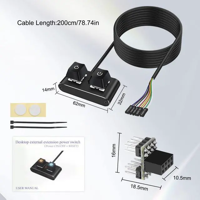 Alt view image 6 of 7 - PC Power Button Desktop Computer External Power Switch with RGB Light ON/Off and Reset Switch Power Button Extension Cable for Computer Motherboard - 2M/6.56FT