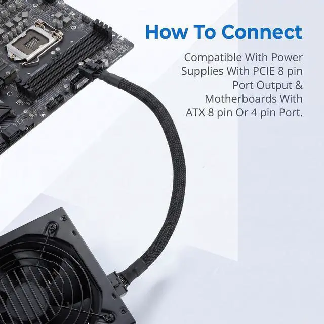 Alt view image 4 of 7 - 8 Pin CPU Power Adapter 8 Pin EPS CPU Extension Cable 13.3 Inches PCIe 8-Pin Female to CPU8Pin (4+4 Detachable) Male EPS-12V Adapter Converter Female to Male PCIe Cord Sleeved Cable
