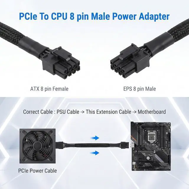 Alt view image 3 of 7 - 8 Pin CPU Power Adapter 8 Pin EPS CPU Extension Cable 13.3 Inches PCIe 8-Pin Female to CPU8Pin (4+4 Detachable) Male EPS-12V Adapter Converter Female to Male PCIe Cord Sleeved Cable