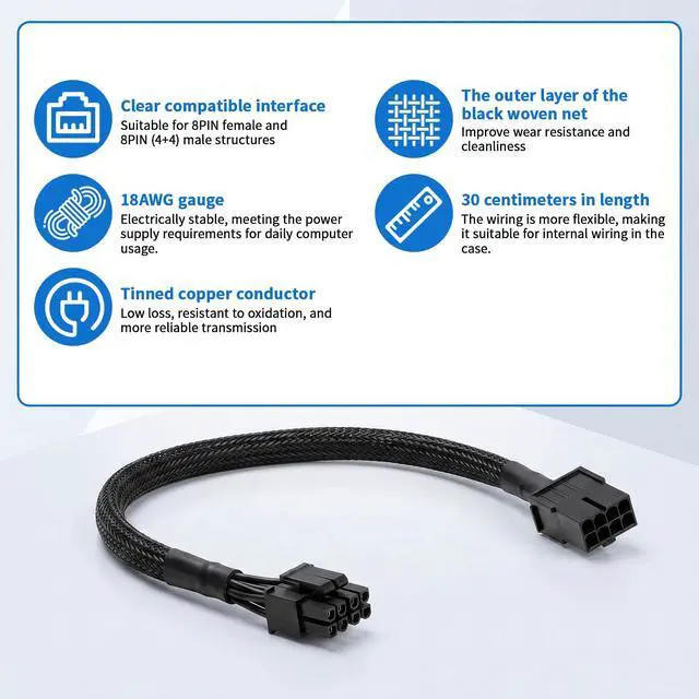 Alt view image 5 of 7 - 8 Pin CPU Power Adapter 8 Pin EPS CPU Extension Cable 13.3 Inches PCIe 8-Pin Female to CPU8Pin (4+4 Detachable) Male EPS-12V Adapter Converter Female to Male PCIe Cord Sleeved Cable