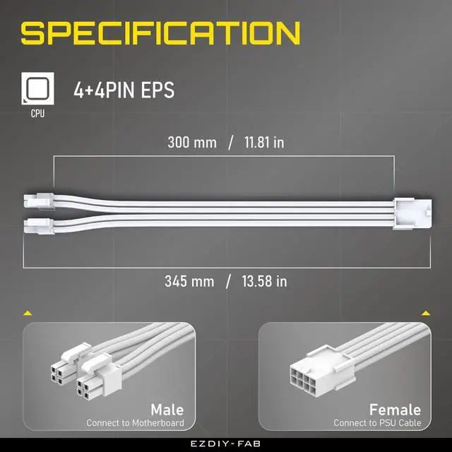 Alt view image 2 of 7 - EPS 8-Pin Female to CPU 8-Pin (4+4) ATX 4 Pin Male Power Supply Adapter Extension Cable for Motherboard 11.8 inch (30 cm)-All White