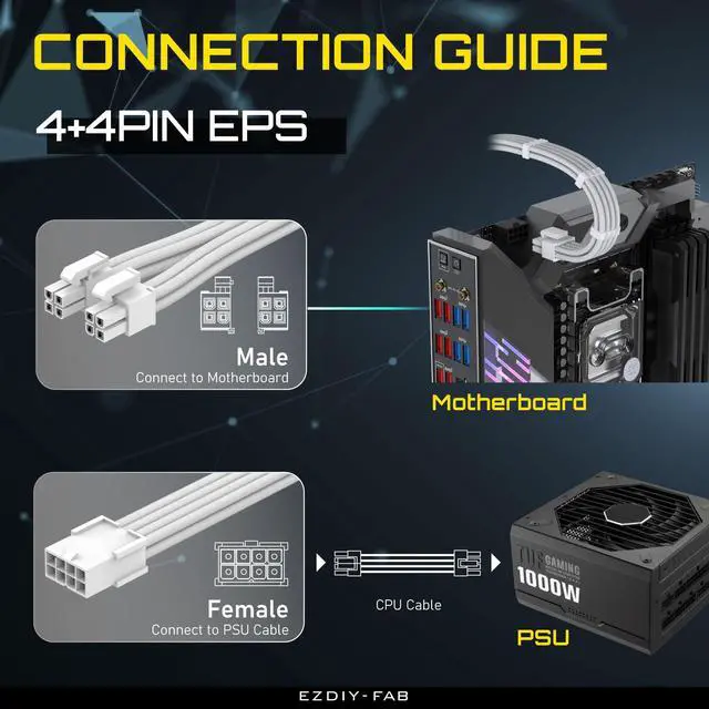 Alt view image 5 of 7 - EPS 8-Pin Female to CPU 8-Pin (4+4) ATX 4 Pin Male Power Supply Adapter Extension Cable for Motherboard 11.8 inch (30 cm)-All White