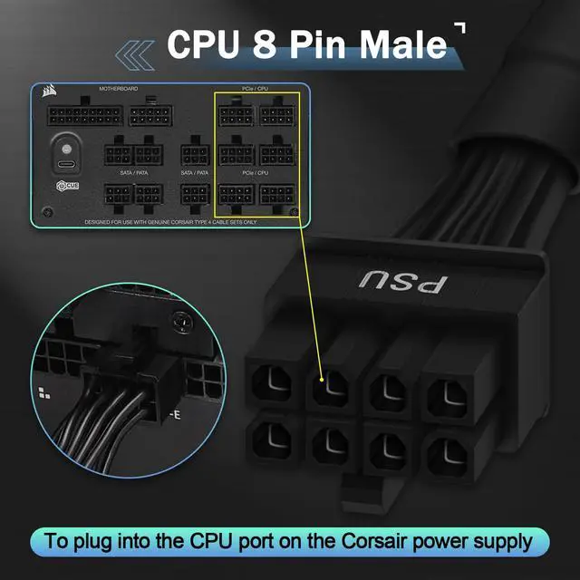 Alt view image 2 of 7 - CPU Cable for Corsair PSUs, CPU 8 Pin Male to CPU 8 Pin (4+4 Detachable) Male EPS-12V Motherboard Power Adapter Sleeved 25-inch (63cm)