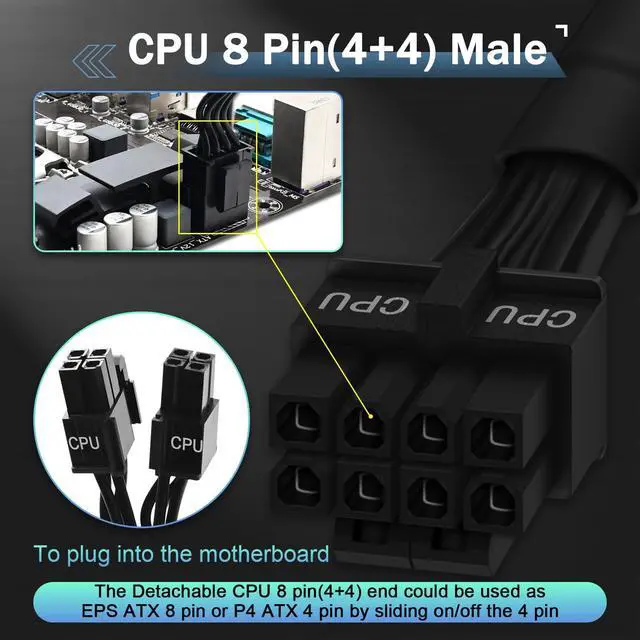 Alt view image 3 of 7 - CPU Cable for Corsair PSUs, CPU 8 Pin Male to CPU 8 Pin (4+4 Detachable) Male EPS-12V Motherboard Power Adapter Sleeved 25-inch (63cm)