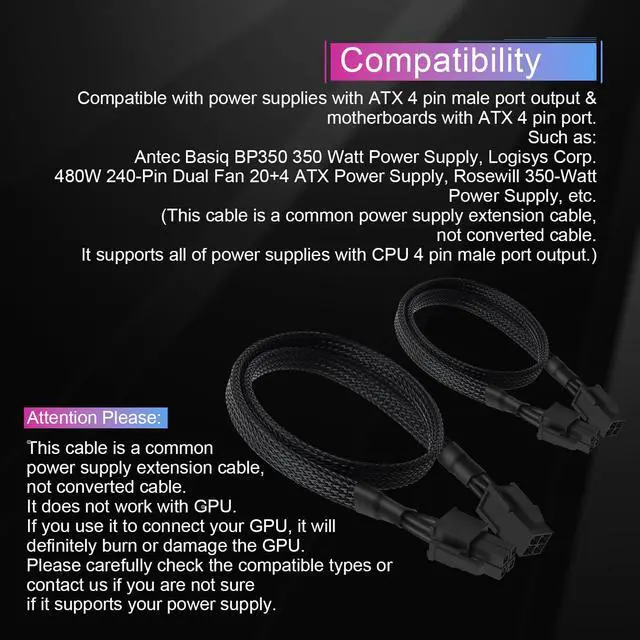 Alt view image 4 of 7 - (2-Pack) ATX 4 Pin Extension Cable, Motherboard CPU 4pin Male to Female Adapter Sleeved for Power Supply PSUs 20.8-inch (53cm)