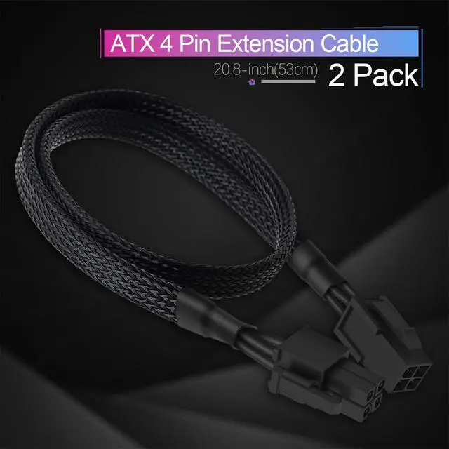 Alt view image 6 of 7 - (2-Pack) ATX 4 Pin Extension Cable, Motherboard CPU 4pin Male to Female Adapter Sleeved for Power Supply PSUs 20.8-inch (53cm)