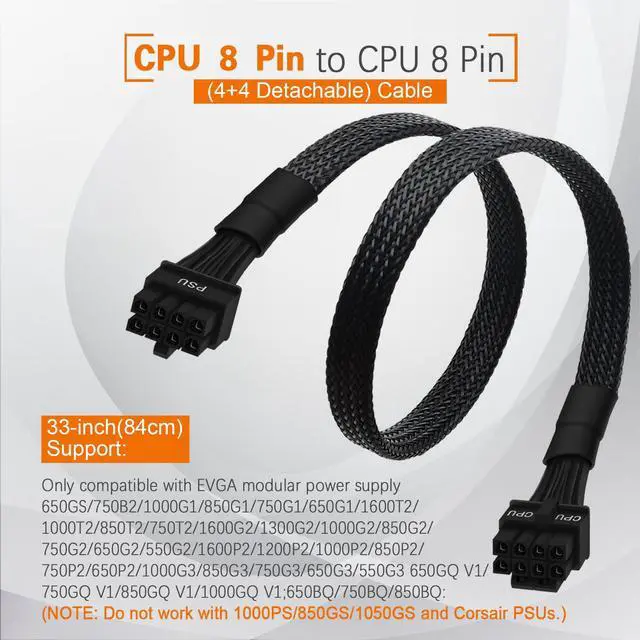 Alt view image 4 of 6 - CPU Cable for EVGA PSUs, CPU 8 Pin to CPU 8 Pin (4+4 Detachable) Male EPS-12V Motherboard Power Adapter Sleeved 33-inch (84cm)