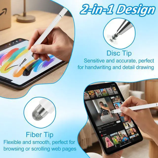 Alt view image 3 of 7 - Stylus Pens for Touch Screens, 2 in 1 Magnetic Disc & Fiber Tip Stylus Pen for iPad with Magnetic Cap, Compatible with All Touch Screens - Free Replacement Disc Tips, White