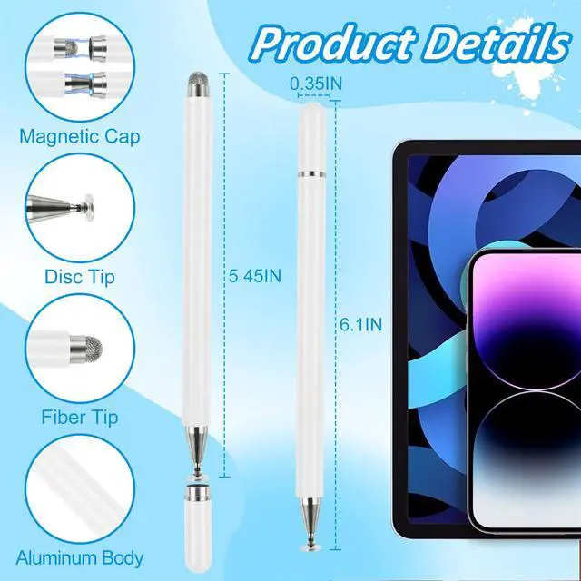 Alt view image 5 of 7 - Stylus Pens for Touch Screens, 2 in 1 Magnetic Disc & Fiber Tip Stylus Pen for iPad with Magnetic Cap, Compatible with All Touch Screens - Free Replacement Disc Tips, White