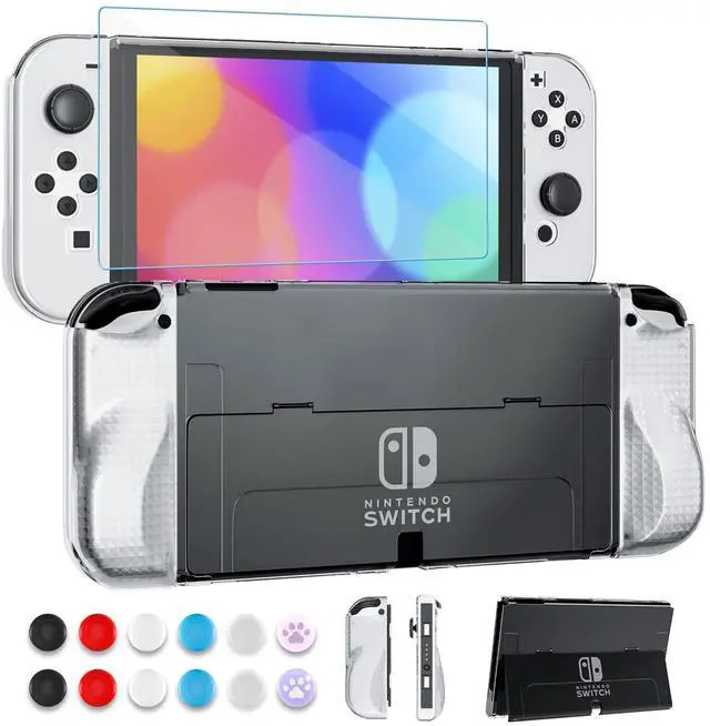 Main image of Clear Case Set for Nintendo Switch OLED 2021, Upgrade Protective Case with PC Cover for Switch OLED Console, Transparent Lattice Pattern TPU Joycon Grip Case, Screen protector and Thumb Caps